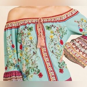 BLUE Umgee top Boho floral bell sleeve size S